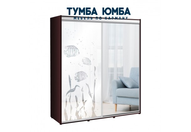 фото недорогой красивый и современный шкаф-купе 2100/450/2200 с раздвижными дверьми с пескоструйным рисунком из ЛДСП от производителя в интернет-магазине TUMBA-UMBA™ Украина