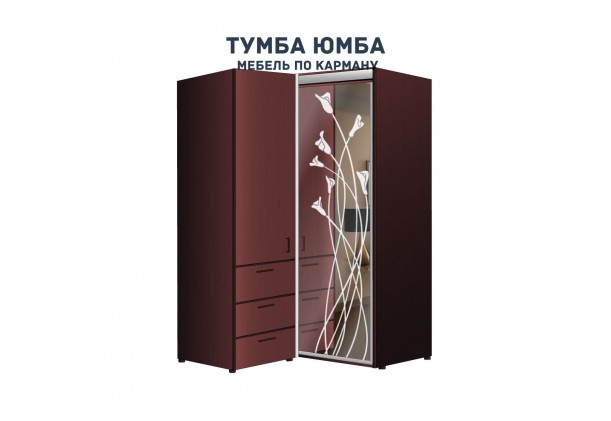 фото недорогой красивый угловой шкаф-купе с пеналом-2 и выдвижными ящиками 1100х2400 c пескоструйным рисунком, низкая цена от производителя в интернет-магазине TUMBA-UMBA™ Украина