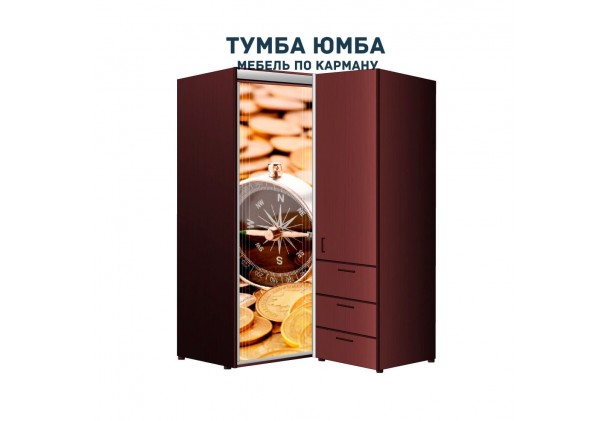 фото недорогой красивый угловой шкаф-купе с пеналом-2 и выдвижными ящиками 1200х2400 c фотопечатью, низкая цена от производителя в интернет-магазине TUMBA-UMBA™ Украина