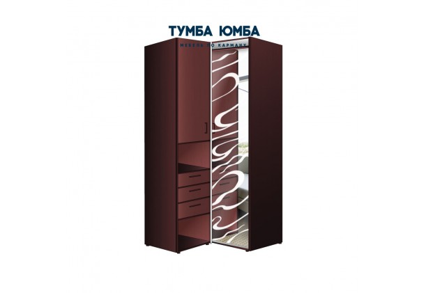 фото недорогой красивый угловой шкаф-купе с пеналом-3 и выдвижными ящиками 900х2100 c пескоструйным рисунком, низкая цена от производителя в интернет-магазине TUMBA-UMBA™ Украина