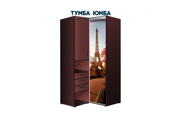 фото недорогой красивый угловой шкаф-купе с пеналом-3 и выдвижными ящиками 1100х2100 c фотопечатью, низкая цена от производителя в интернет-магазине TUMBA-UMBA™ Украина