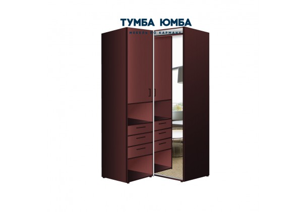 фото недорогой красивый угловой шкаф-купе с пеналом-3 и выдвижными ящиками 1200х2100 c зеркалом, низкая цена от производителя в интернет-магазине TUMBA-UMBA™ Украина