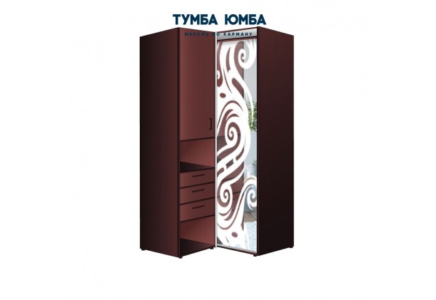 фото недорогой красивый угловой шкаф-купе с пеналом-3 и выдвижными ящиками 1000х2400 c пескоструйным рисунком, низкая цена от производителя в интернет-магазине TUMBA-UMBA™ Украина