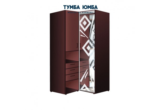 фото недорогой красивый угловой шкаф-купе с пеналом-3 и выдвижными ящиками 1300х2400 c пескоструйным рисунком, низкая цена от производителя в интернет-магазине TUMBA-UMBA™ Украина