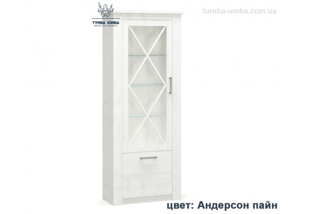 Фото недорогой стандартный мебельный распашной пенал-витрина 1В1Д со стеклянной дверцей Джоржиа ДСП с полками для дома в цвете андерсон пайн дешево от производителя Мебель-Сервис с доставкой по всей Украине в интернет-магазине TUMBA-UMBA™