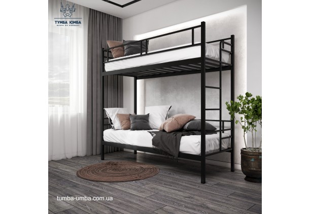 фото в інтер'єрі стандартне двох'ярусне ліжко Дабл Метал-Дизайн в спальню, на дачу або в готель дешево від виробника з доставкою по всій Україні